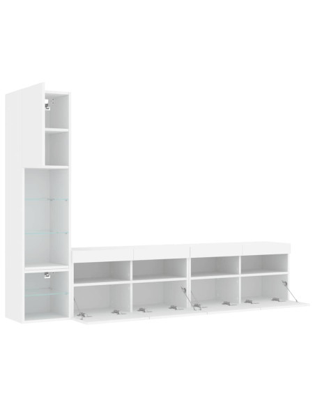 Mobili TV a Muro con LED 4pz Bianchi in Legno Multistrato