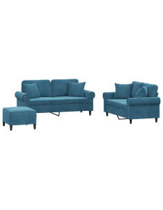 Set di Divani 3 pz con Cuscini Blu in Velluto 2