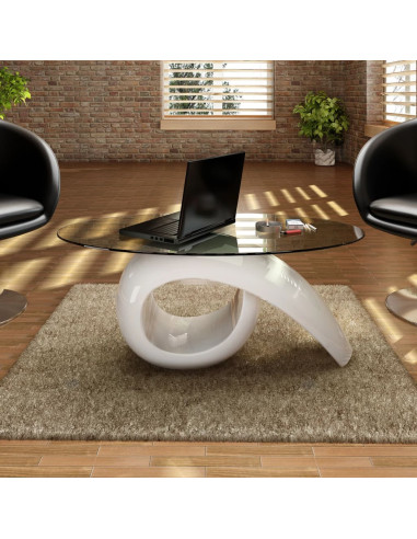 Tavolino da Salotto con Ripiano Ovale in Vetro Bianco Lucido