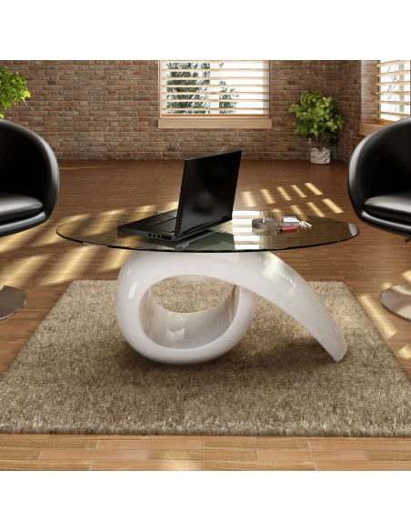 Tavolino da Salotto con Ripiano Ovale in Vetro Bianco Lucido