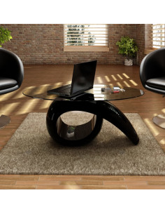 Tavolino da Caffè con Ripiano Ovale in Vetro Nero Lucido