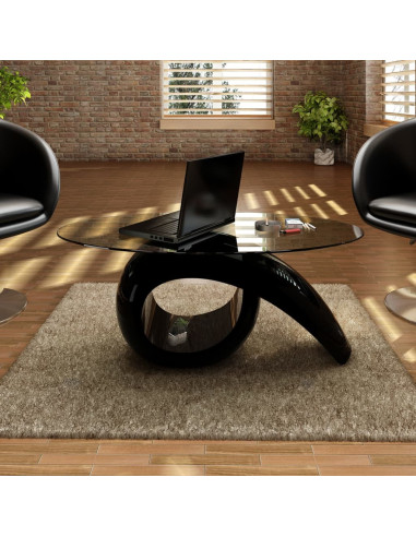 Tavolino da Caffè con Ripiano Ovale in Vetro Nero Lucido