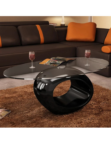 Tavolino da Salotto con Ripiano Ovale in Vetro Nero Lucido
