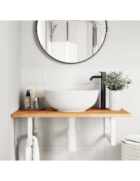Ripiano a Parete per Lavabo in Acciaio e Massello di Acacia