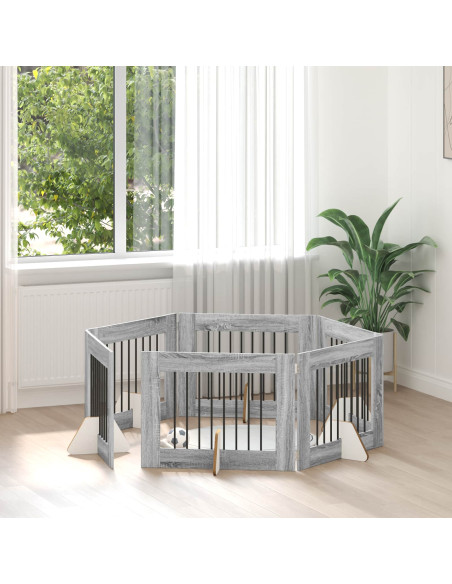 Cancello per cani con supporti 6 pcs Grigio Sonoma 80 x 60 cm