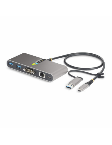 StarTech.com Hub USB-C a 2 porte con Ethernet e RS-232, dongle USB-C a USB-A collegato, 100W PD Pass-through, 2x USB-A 5Gbps, Gi