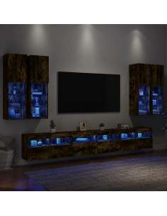 Set Mobili TV a Muro 7 pz con Luci LED Rovere Fumo