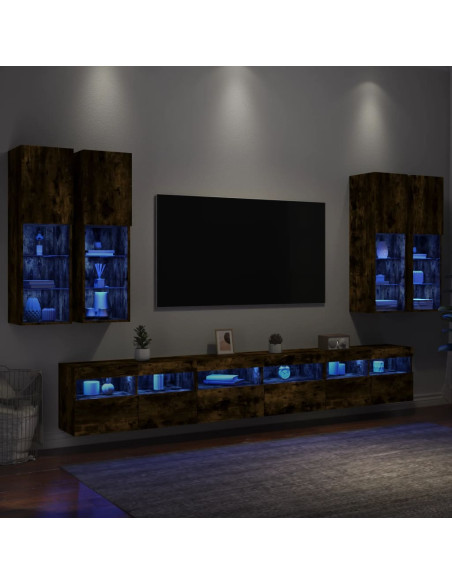 Set Mobili TV a Muro 7 pz con Luci LED Rovere Fumo