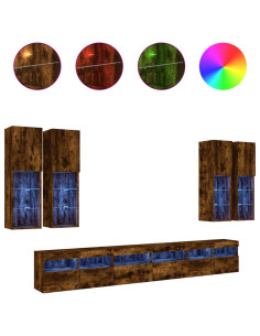 Set Mobili TV a Muro 7 pz con Luci LED Rovere Fumo 2
