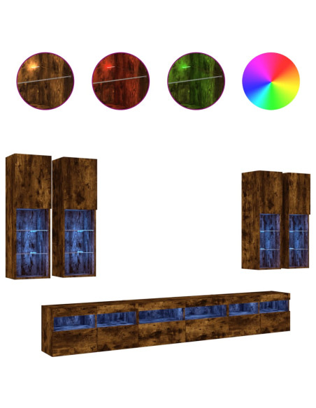 Set Mobili TV a Muro 7 pz con Luci LED Rovere Fumo