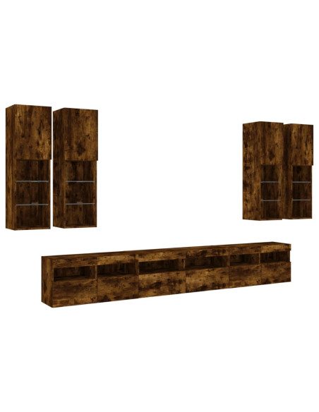 Set Mobili TV a Muro 7 pz con Luci LED Rovere Fumo