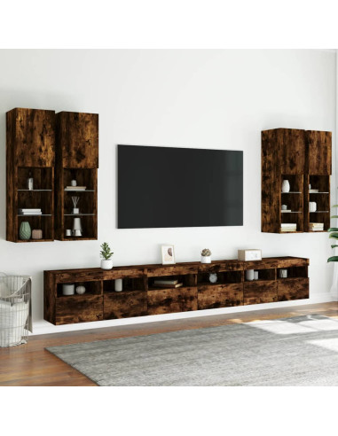 Set Mobili TV a Muro 7 pz con Luci LED Rovere Fumo