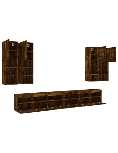 Set Mobili TV a Muro 7 pz con Luci LED Rovere Fumo
