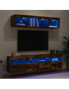Mobili TV a Muro con LED 5pz Rovere Fumo in Legno Multistrato