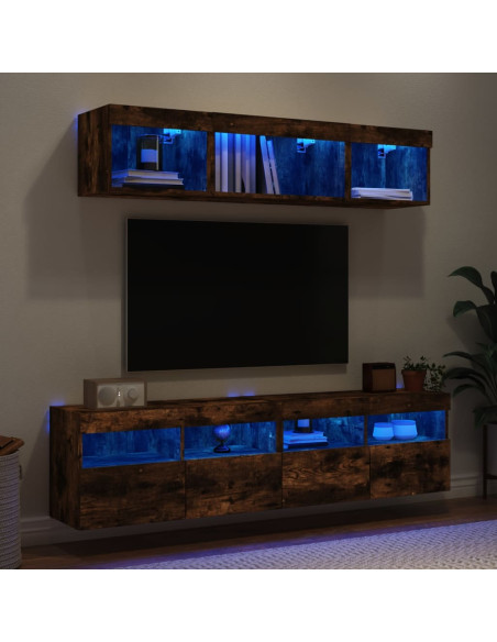 Mobili TV a Muro con LED 5pz Rovere Fumo in Legno Multistrato