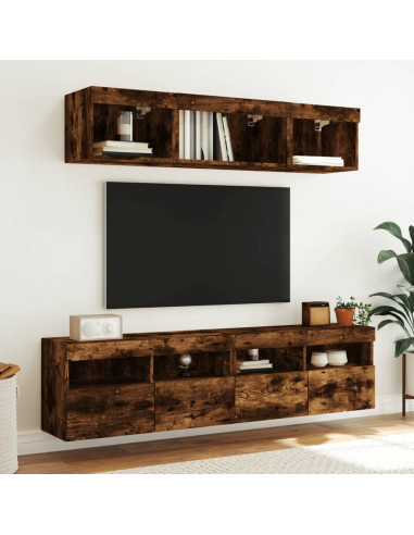 Mobili TV a Muro con LED 5pz Rovere Fumo in Legno Multistrato