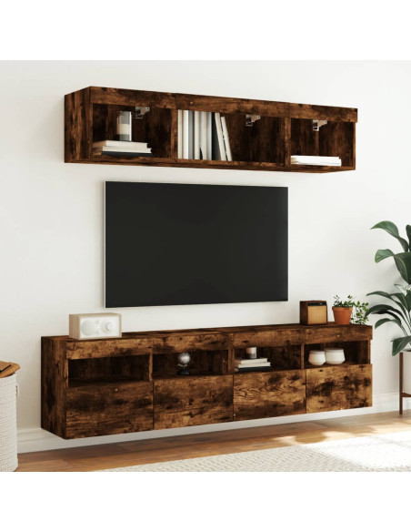 Mobili TV a Muro con LED 5pz Rovere Fumo in Legno Multistrato