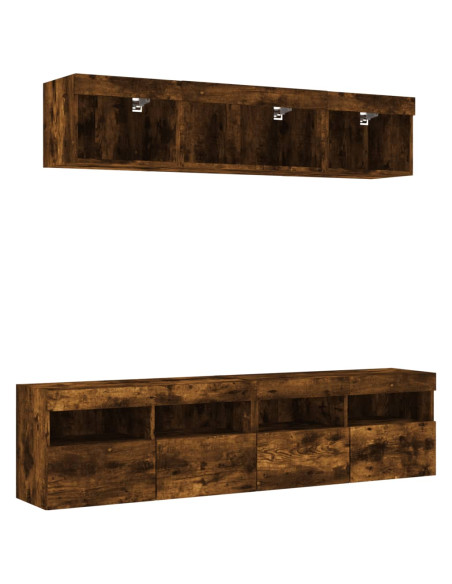 Mobili TV a Muro con LED 5pz Rovere Fumo in Legno Multistrato