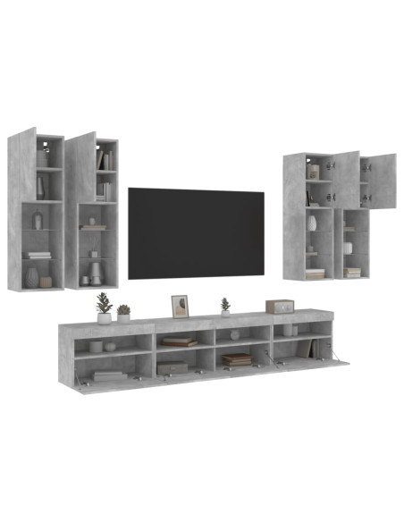 Set Mobili TV a Muro 7 pz con Luci LED Grigio Cemento