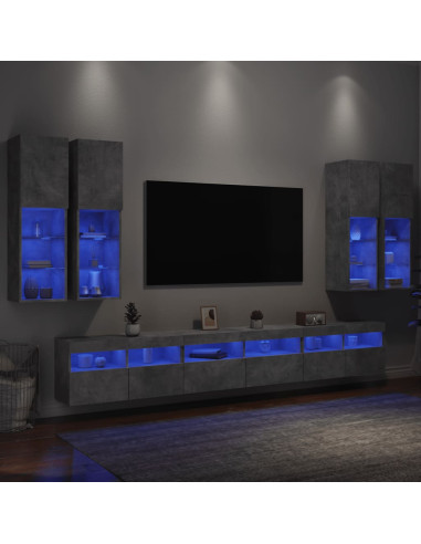 Set Mobili TV a Muro 7 pz con Luci LED Grigio Cemento