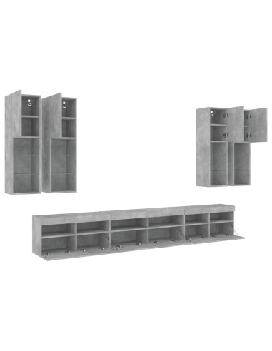 Set Mobili TV a Muro 7 pz con Luci LED Grigio Cemento