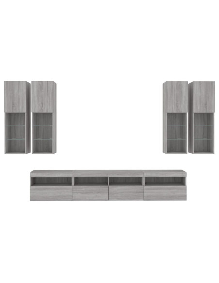 Set Mobili TV a Muro 7 pz con Luci LED Grigio Sonoma