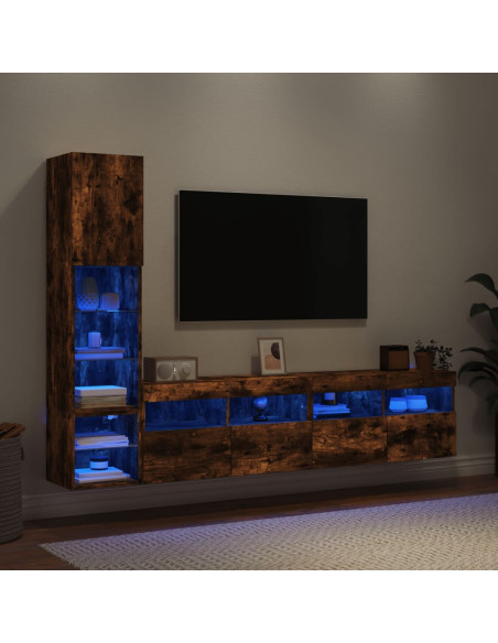 Mobili TV a Muro con LED 4pz Rovere Fumo in Legno Multistrato