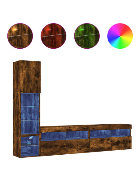 Mobili TV a Muro con LED 4pz Rovere Fumo in Legno Multistrato