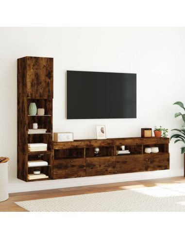 Mobili TV a Muro con LED 4pz Rovere Fumo in Legno Multistrato