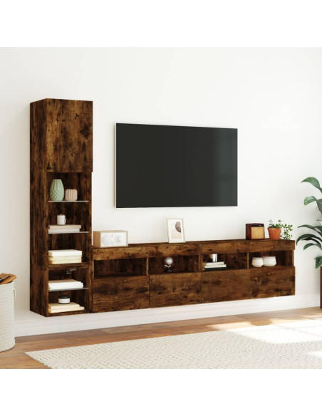Mobili TV a Muro con LED 4pz Rovere Fumo in Legno Multistrato