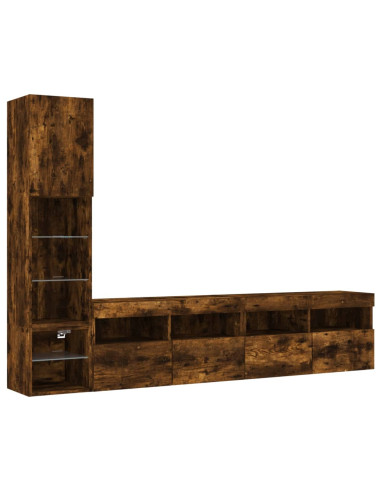 Mobili TV a Muro con LED 4pz Rovere Fumo in Legno Multistrato