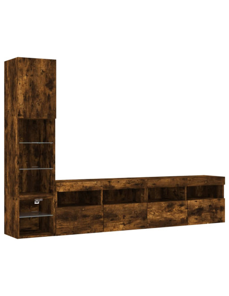 Mobili TV a Muro con LED 4pz Rovere Fumo in Legno Multistrato