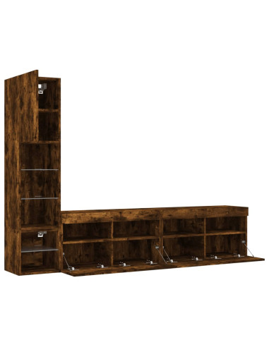 Mobili TV a Muro con LED 4pz Rovere Fumo in Legno Multistrato