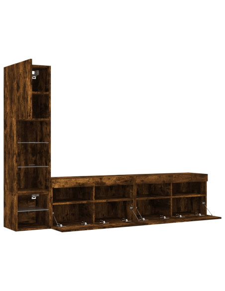 Mobili TV a Muro con LED 4pz Rovere Fumo in Legno Multistrato