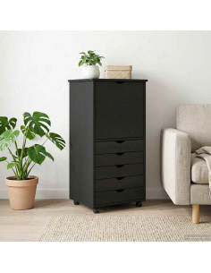 Mobile con Ruote Nero 53 x 39 x 103 cm Legno di Pino Massello