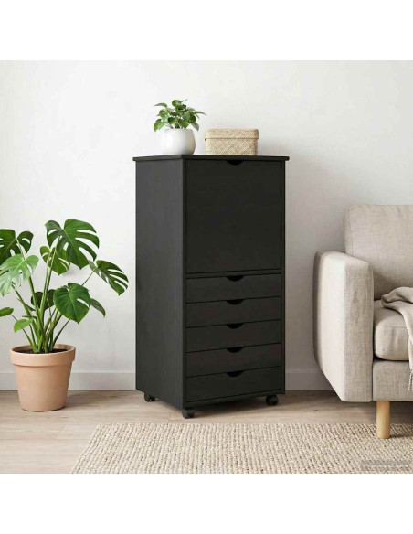 Mobile con Ruote Nero 53 x 39 x 103 cm Legno di Pino Massello