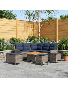 Set di Mobili con cuscino 7 pcs Grigio e Blu Navy Rattan in PE