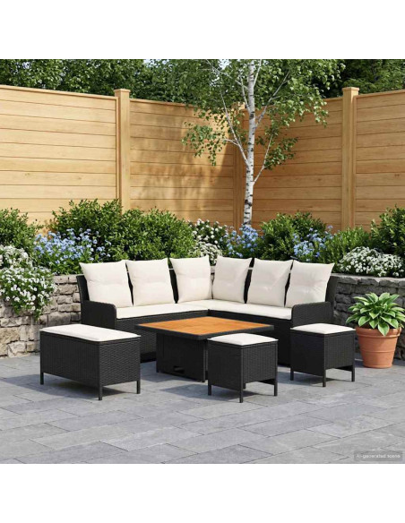 Set di Mobili con cuscino 7 pcs Nero e Crema Rattan in PE