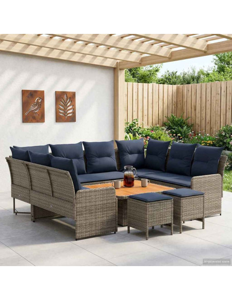 Set di Mobili con cuscino 8 pcs Grigio e Blu Navy Rattan in PE
