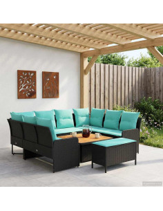 Set di Mobili con cuscino 7 pcs Nero e Turchese Rattan in PE