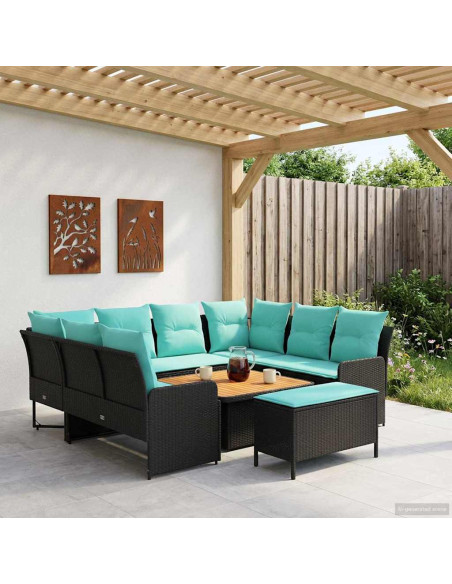 Set di Mobili con cuscino 7 pcs Nero e Turchese Rattan in PE