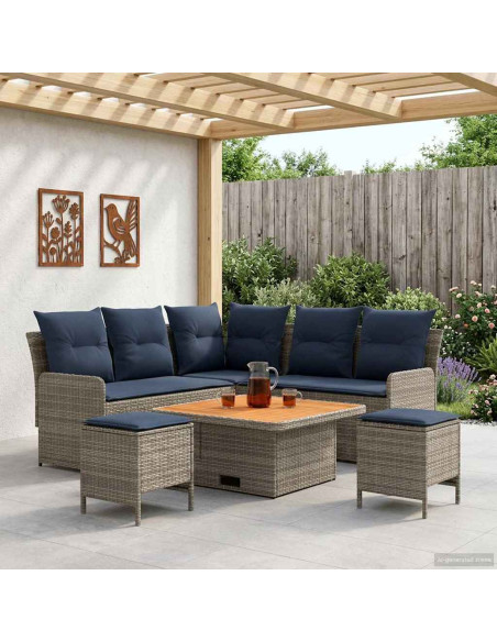 Set di Mobili con cuscino 6 pcs Grigio e Blu Navy Rattan in PE