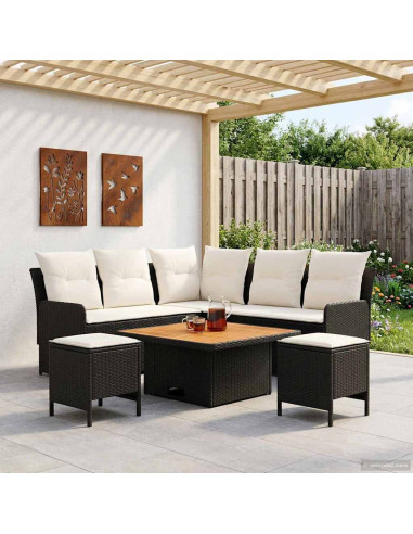 Set di Mobili con cuscino 6 pcs Nero e Crema Rattan in PE