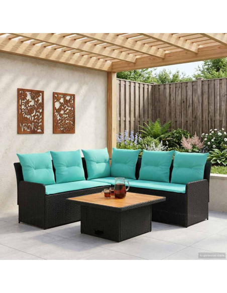 Set di Mobili con cuscino 4 pcs Nero e Turchese Rattan in PE