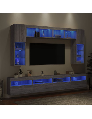 Set Mobili TV a Muro 8 pz con Luci LED Grigio Sonoma