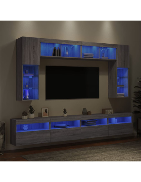 Set Mobili TV a Muro 8 pz con Luci LED Grigio Sonoma