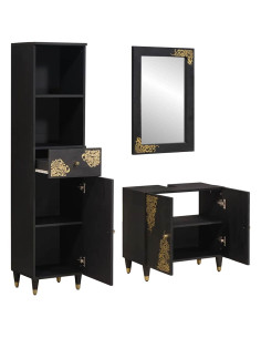 Set di Armadi da Bagno 3 pcs Nero Legno di mango massello 2
