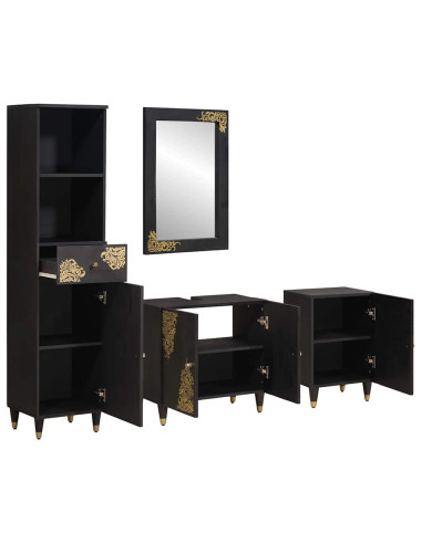 Set di Armadi da Bagno 4 pcs Nero Legno di mango massello