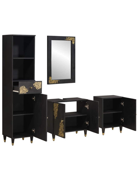 Set di Armadi da Bagno 4 pcs Nero Legno di mango massello