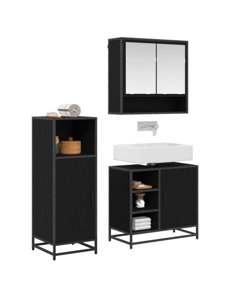 Set di mobili per il bagno 3 pcs Rovere Nero Legno multistrato